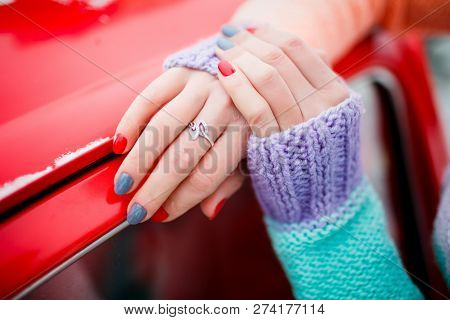 New Bright Manicure On Lady Hands. Beauty Trend. Winter Style