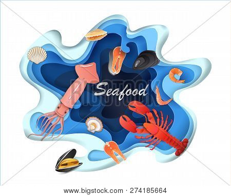 Banners Design Seafood Pages With Mussels, Salmon, Shrimp. Lobster, Squid, Octopus, Shellfish Or Oys