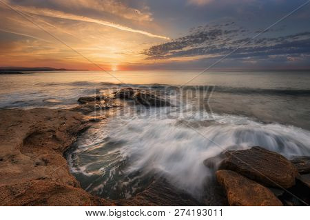 Seascape During Sunrise. Beautiful Natural Seascape. Sea Sunrise At The Black Sea Coast. Magnificent