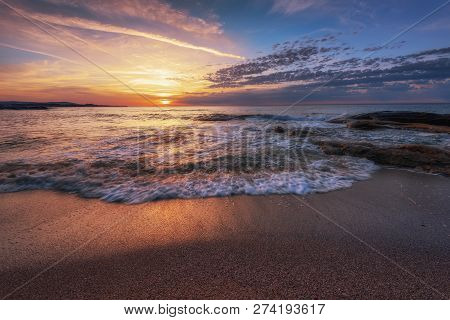 Seascape During Sunrise. Beautiful Natural Seascape. Sea Sunrise At The Black Sea Coast. Magnificent