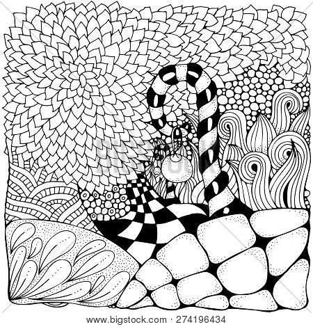 Black And White Abstract Fantasy Picture. Long Road And Lights .pattern For Coloring Book. Hand-draw