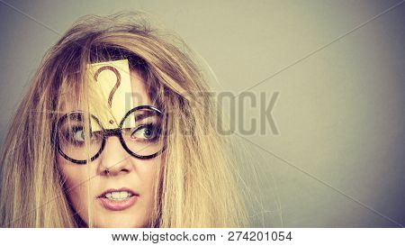 Mental Effort, Finding Problem Solution Face Expression Concept. Tired Crazy Woman Wearing Nerd Geek