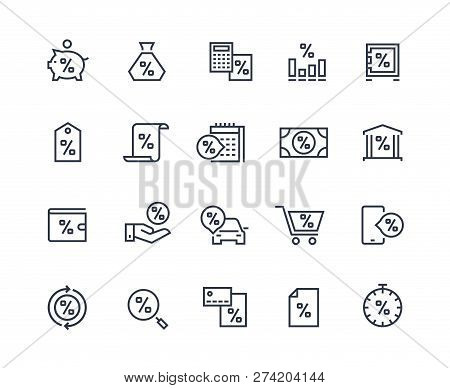 Loan Line Icons. Money Rate Payment Discount, Real Estate Car And Purchases Loan. Pay Rate And Money