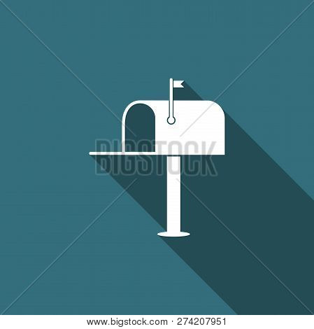 Open Mail Box Icon Isolated With Long Shadow. Mailbox Icon. Mail Postbox On Pole With Flag. Flat Des