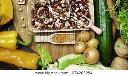 Mixed Vegetables, Legumes For Healthy Cooking. Top View. Vegan And Vegetarian Food. Diet Eating Conc