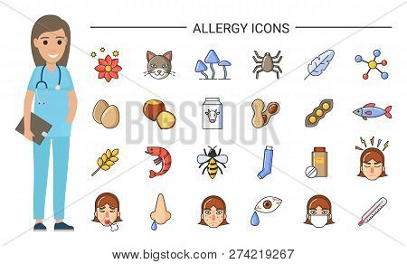 Allergy Icons And Doctor, Nurse And Treatment Vector. Flower And Cat, Vow Milk And Beans, Fish And F