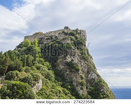 Aerial View Of Iconic Medieval Fortified Castle Of Angelokastro With Amazing Views, Known As Angel C