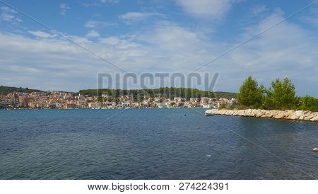 Sea Landscape. Argostolli Embankment From The Side Of The Bay, Greece.