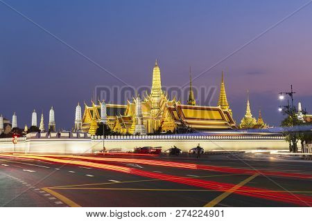 Wat Phra Keaw Is Most Famous Landmark Of Thailand At Dusk Viewing From Road Side.
