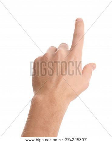 Man Pointing At Something On White Background, Closeup Of Hand