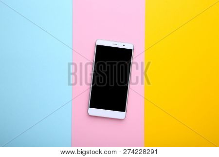 Mobile Phone With Blank Screen On Colorful Background. Smartfone White