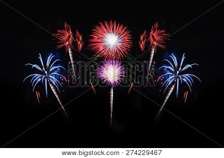 Colorful Fireworks Abstract Background In The Dark Sky With Copy Spacce For Festival Celebration Hol