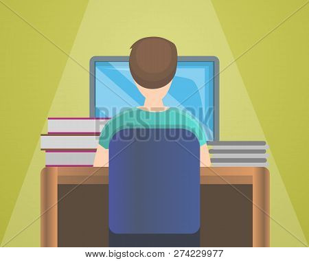 Boy Computer Homework Concept Background. Cartoon Illustration Of Boy Computer Homework Vector Conce