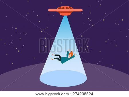 Ufo And Teleport Beam. Ufo Kidnaps A Person, Vector. The Woman Was Stolen By Aliens. Free Space For 