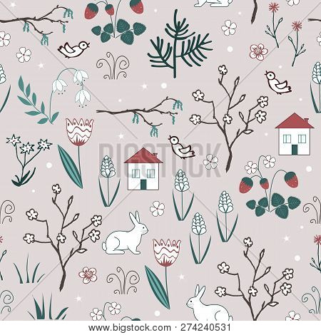 Cute Spring Vector Seamless Pattern With Cartoon Doodle Flowers, Blooming Trees, Hares, Birds And Ho
