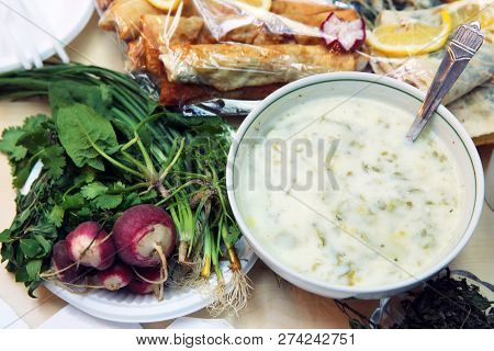 Dovga In The Bowl. Radish, Coriander, Herbs. National Sour-milk Meal Of Azerbaijani Cuisine With Yog