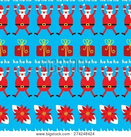 Cute Christmas Seamless Pattern. Holiday Background With Poinsettia, Santa Claus And Gift Box For Se