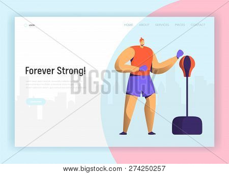 Bixing Training Character Design For Landing Page. Boxer Man Exercise In Gym. Power Fight Workout Li