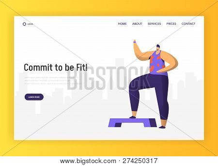 Aerobic Fitness Character Design For Landing Page. Crossfit Man Exercise In Gym. Healthy Urban Worko