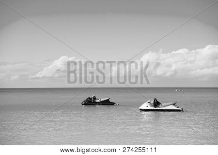 Extreme Entertainment. Pair Water Scooter In Turquoise Ocean Lagoon Wait For Extreme Riding. Ocean B