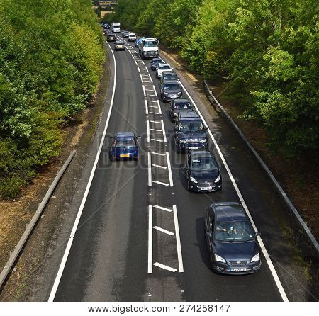St Neots, Cambridgeshire, England - August 10, 2018: Heavy Traffic On The A428  At Peak Period.