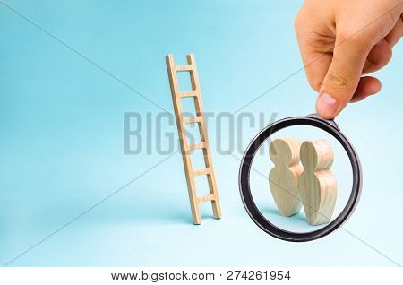 Magnifying Glass Is Looking At The People Stand And Look At The Stairs. Ladder To Nowhere, Career La