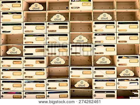 Background Of Mail Boxes Field Outside With Letters Written. New Technologies
