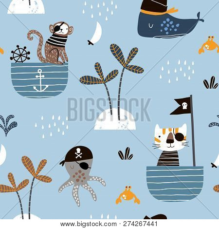 Seamless Childish Pattern With Cat,monkey, Octopus Pirates. Creative Marine Kids Texture For Fabric,
