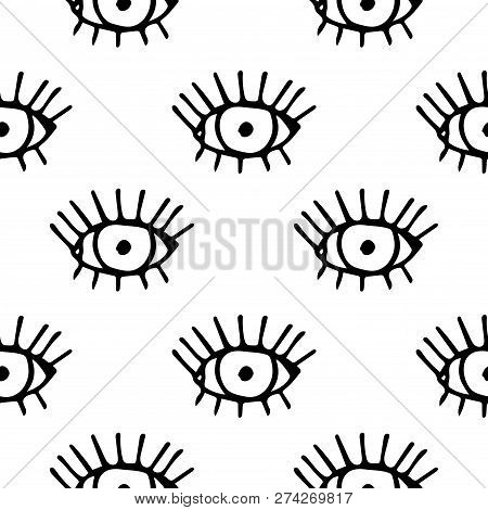 Modern Seamless Pattern With Trendy Hand Drawn Eyeballs With Eyelashes. Fabric Pattern On 
Turquoise