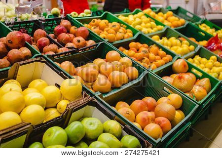 Shelves With Variety Testy Vitamin Products In Fruit And Vegetables Department In The Supermarket.