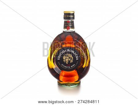 Chisinau, Moldova - December 15, 2018: Brandy Vecchia Romagna. Made In Italy. Brandy Aged In Oak Bar