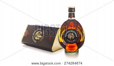 Chisinau, Moldova - December 15, 2018: Brandy Vecchia Romagna. Made In Italy. Brandy Aged In Oak Bar