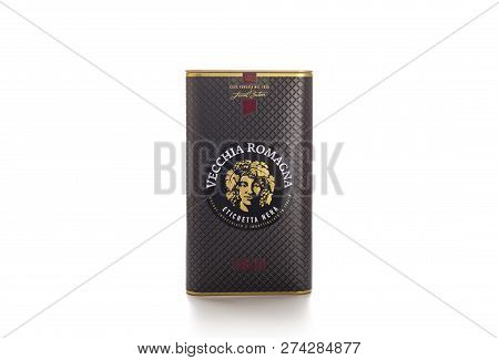 Chisinau, Moldova - December 15, 2018: Brandy Vecchia Romagna. Made In Italy. Brandy Aged In Oak Bar