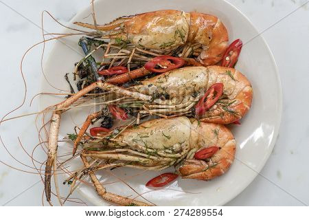 Fried King Prawns With Garlic And Herbs, Close Up, Thailand