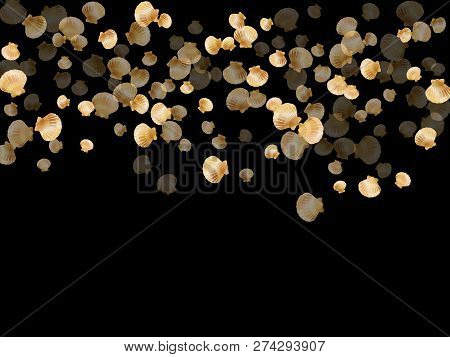 Gold Seashells Vector, Golden Pearl Bivalved Mollusks. Oceanic Scallop, Bivalve Pearl Shell, Marine 