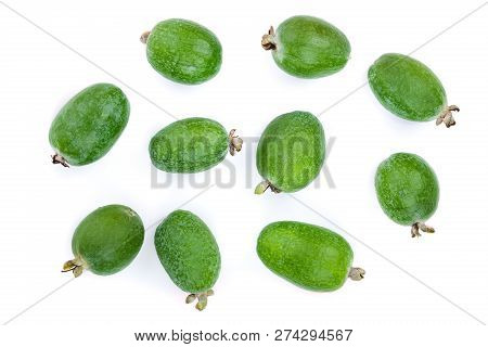 Tropical Fruit Feijoa Acca Sellowiana Isolated On White Background. Top View. Flat Lay Pattern