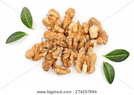 Peelled Walnuts With Leaves Isolated On White Background. Top View. Flat Lay