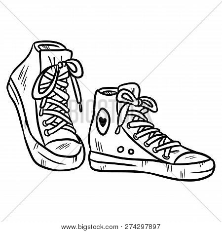 Vector Outline Coloring Illustration Of A Pair Of Textile Hipster Sneakers With Rubber Toe