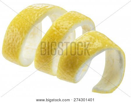Lemon peel or lemon twist on white background. File contains clipping path.