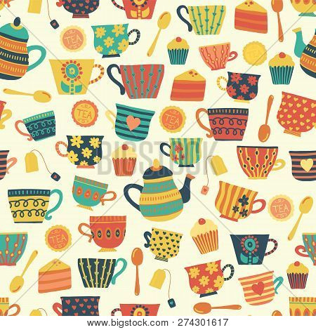 Tea Time Vector Seamless Pattern Background Beige. Tea Cups, Teapot, Spoons, Cupcakes. Hand Drawn Mu
