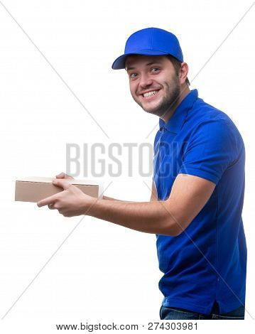 Photo Of Side Of Man In Blue T-shirt And Baseball Cap With Cardboard Box For Pizza On White Blank Ba