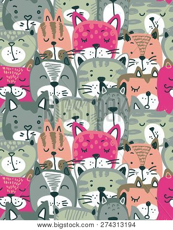 Vector Seamless Pattern With Hand Drawn Colorful Cat Faces.