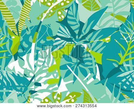 Vector Seamless Pattern With Tropical Plants And Hand Drawn Abstract Textures