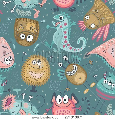 Colorful Vector Seamless Pattern With Funny Monsters
