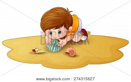 Cartoon Little Boy With Seashells In A Sand