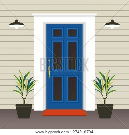 House Door Front With Doorstep And Mat, Window, Lamp, Flowers, Building Entry Facade, Exterior Entra