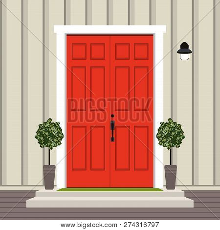 House Door Front With Doorstep And Mat, Steps, Window, Lamp, Flowers, Building Entry Facade, Exterio