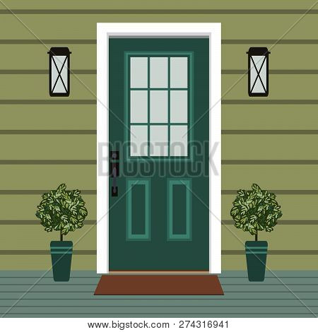 House Door Front With Doorstep And Mat, Window, Lamp, Flowers, Building Entry Facade, Exterior Entra