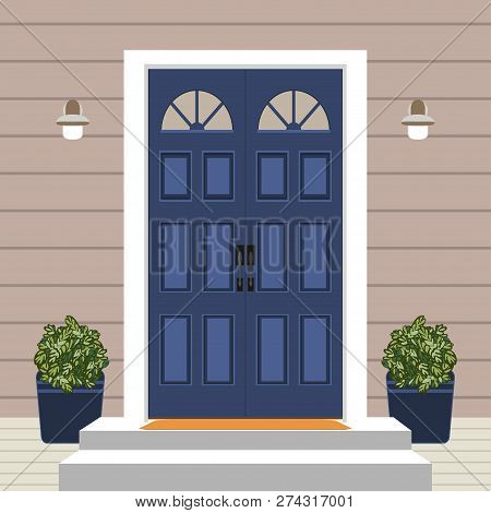 House Door Front With Doorstep And Mat, Steps, Window, Lamp, Flowers, Building Entry Facade, Exterio