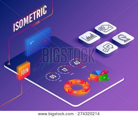Isometric Vector. Set Of Receive Mail, Line Graph And Marketing Strategy Icons. Approve Sign. Incomi
